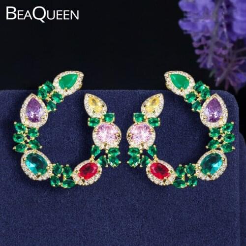 BeaQueen Fashion Green Red Blue Multicolored CZ Crystal Big Leaf Stud Earrings 585 Yellow Gold Color Ear Jewlery for Women E337