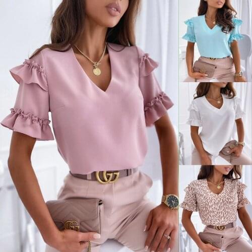 Blouses Women Summer Tops Female Shirt Ruffles V-Neck Short Sleeve Transparent Top For Woman Shirts Femme Blusas mujer Clothing
