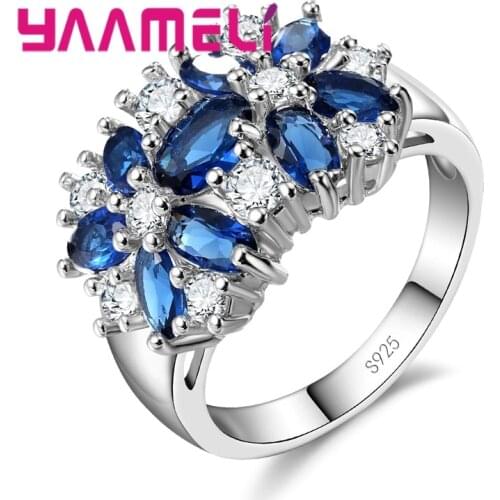 Large Disc Crystal Flower Wide Face Ring 925 Sterling Silver White/Dark Blue/Light Blue/Green/Purple Anniversary