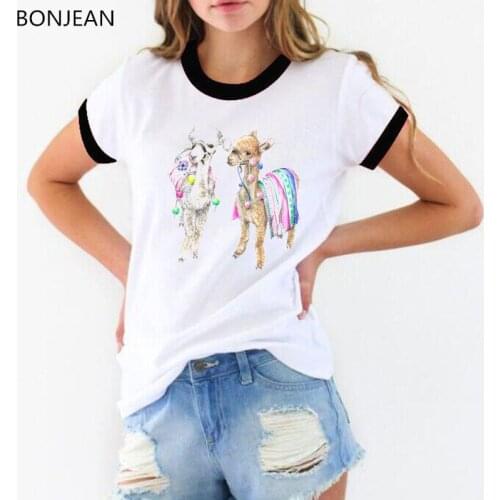 Baby Alpaca Boho Watercolor Lama Style T-Shirt women Summer Fashion tee shirt femme Cute Girl Casual tshirt female streetwear