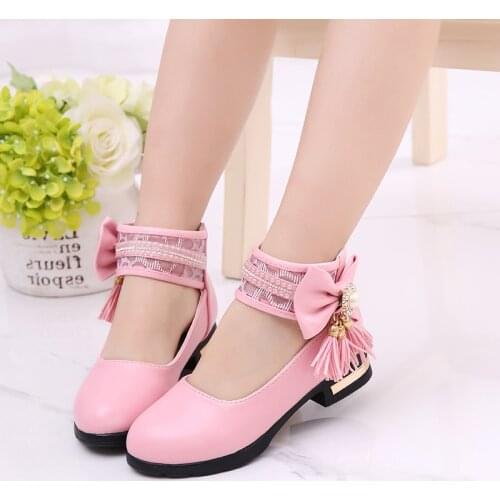Childrens Girls Leather High Heeled Princess Shoes For Big Girls White Pink Pearl Party Wedding Dress Shoes 5 6 8 12 9 Years old