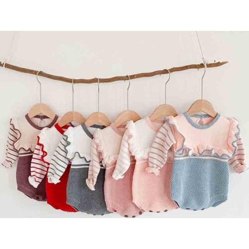 Baby Knitted Bodysuit Autumn Baby Girl Long Sleeve Knit Bodysuit Baby Striped Splicing Jumpsuit Girls Sweater Baby Girl Clothes