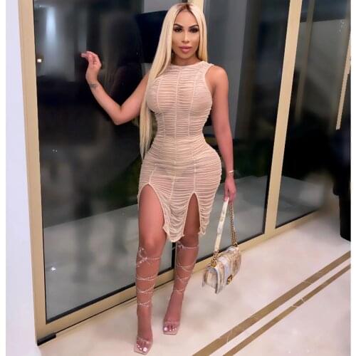 GGLNOO Women Mesh See Though O-Neck Sleeveless Split Bodycon Midi Bodycon Dress Sexy Party Night Club Stacked Vestidos GG23166