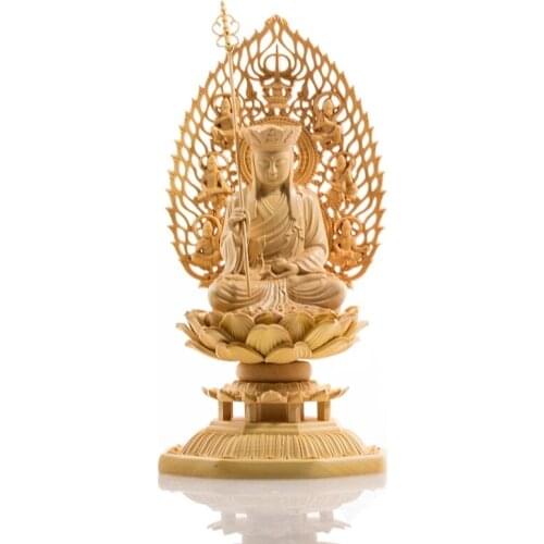 Ksitigarbha King of The Inferno 17CM Chinese Boxwood Buddha Statue Goddess Wood Bouddha Craft Feng Shui for Home Decor