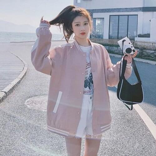 Spring Autumn Thin Single-breasted Short Tooling Jacket Korean Loose Pink Blue Baseball Uniform Coat New Student Women Clothing