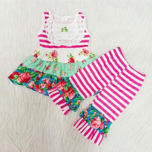 New arrival girl fashion flower pattern outfit sleeveless top and striped ruffle pants 2 pcs sets toddler party outfit