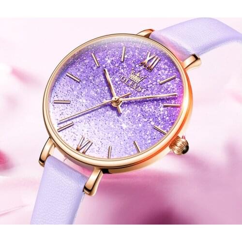 OLEVS Luxury Student Leather watches for women Starry Sky Purple ladies Wristwatch Waterproof Casual Quartz Watch Boutique gift