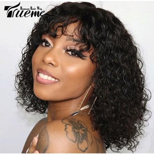 Trueme Short Curly Bob Wig With Bangs Jerry Curl Human Hair Bob Wigs For Women Fashion Curly Full Wig Remy Ombre 99J Brown Color