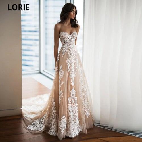 LORIE Champagne Beach Wedding Dresses Elegant Lace Appliqued Tulle Boho Bridal Dress 2021 A-Line Princess Party Gowns Vinatge