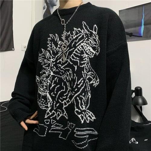 Fashion Ins Loose Pullover Thick Sweater Women Dinosaur Pattern Retro Long Sleeve Knitted Pullover Y2K Winter Korean Streetwear