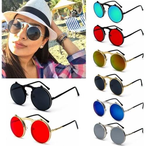 New Vintage Round Flip Up Sunglasses Men Women Metal Frame Circle Glasses UV Protection Steampunk Sunglasses Streetwear Eyewear
