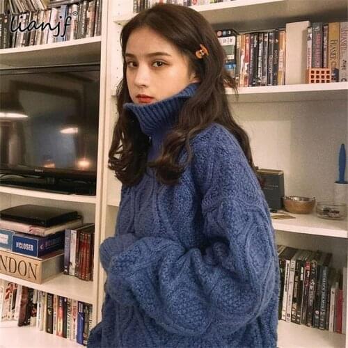 Turtelneck Sweaters Women Retro Thick Winter Vintage Womens Sweaters Knitted Pure Beige Loose Fashion Street Preppy Lady Jumpers