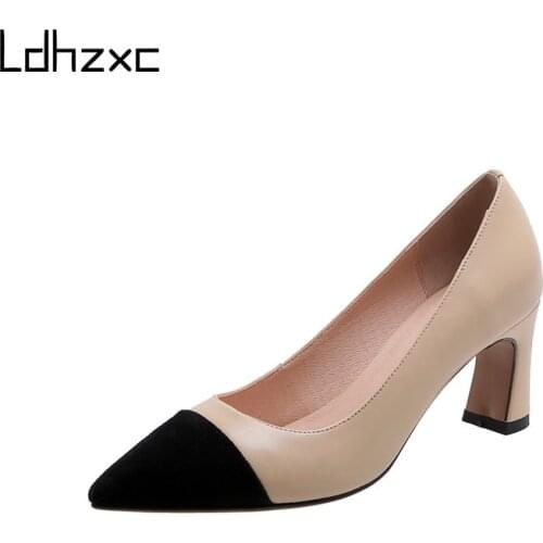 LDHZXC Concise Shallow Genuine Leather WomenS Shoes Mixed Colors Thick Heels Pumps Summer Elegant Working Casual Shoes Woman