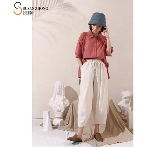 Women Shirts Feme Blouse Lady Top 2021 Spring Summer Natural Normcore Casual Cotton Turn-Down Collar Patchwork Pockets Vintage