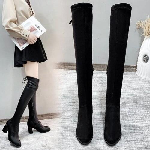 Womens Over-The-Knee Boots Fall/Winter 2021 New High-Heeled Slimming Lace-Up Skinny Stretch Boots Long Boots Thick-heeled Boots