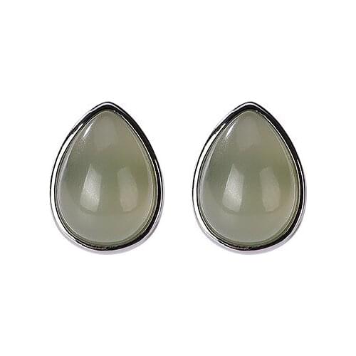 925 sterling silver natural Hetian gray jade stud earrings simple personalized all-match drop shape women silver earrings