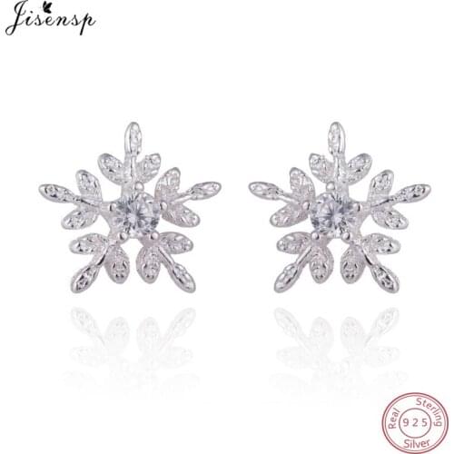 Jisensp 925 Sterling Silver Cubic Zirconia Cute Snowflake Stud Earrings for Women Valentines Day Gift Creative Fashion Jewelry