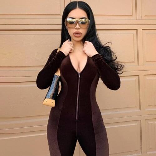 2021 Fall Winter Velvet Women Jumpsuits Long Sleeve Zipper Bodycon Rompers Sporty Sexy One Piece Outfits