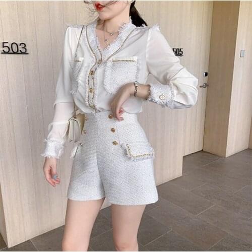Korean Fashion Streetwear Tweed 2 Piece Set Women Long Sleeve Shirt Blouse Tops+Shorts Sets Vintage Two Piece Pant Suits