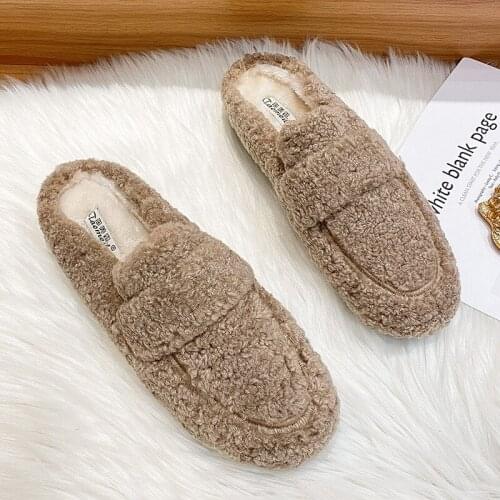 Winter Warm plush mules women one band fur slippers cozy cotton shoes woman flat cover toe fleeces slides femme plus size 34-43