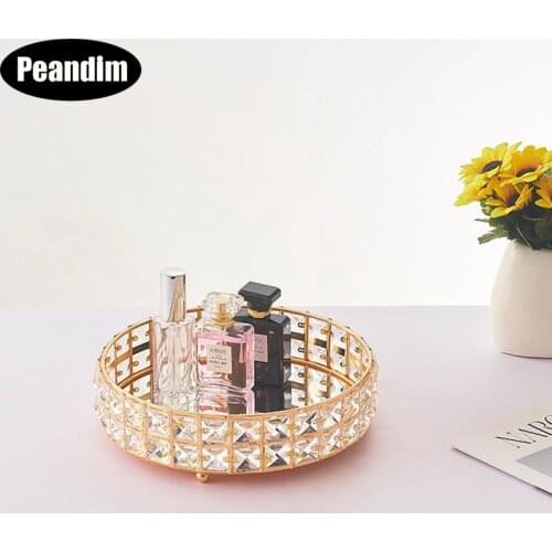 PEANDIM Gold Crystal Cake Stand Mirror Cupcake Dessert Display Make Up Tray Tools Wedding Event Birthday Home Storage Tray Decor