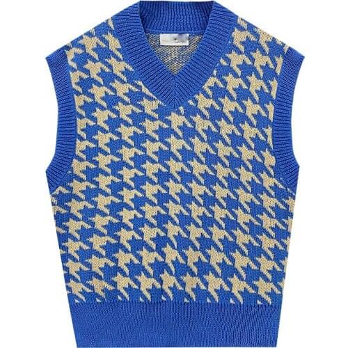 2021Women Sweater Vest Autumn Houndstooth Plaid V-Neck Sleeveless Knitted Vintage Loose Oversized Female Pullover Waistcoat Tops