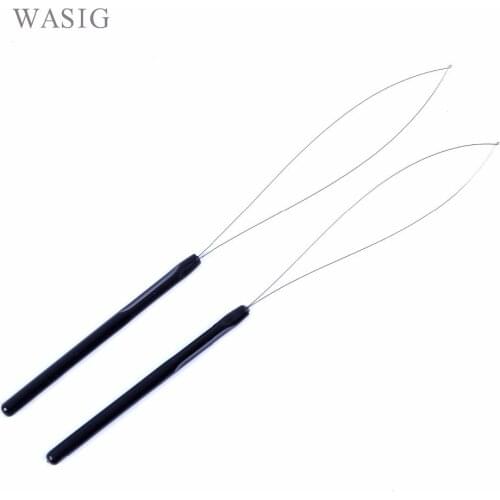 12 pcs Hair Extension Hook Pulling Tool Needle Threader Micro Rings Beads Loop plastic Handle With Iron Wire Black