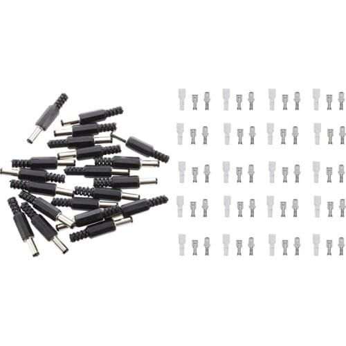 20 Pcs Black 2.5Mm X 5.5Mm DC Power Male Plug Jack Adapter & 200Pcs 4.8Mm Wire Connectors Crimp Terminals
