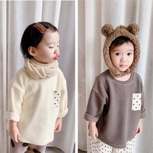 2020 Childrens Winter Clothing 2-7 Years Baby Girls Lambswool Sweatshirts Korean Dots Pocket Thick Warm Pullovers for Girl Kids