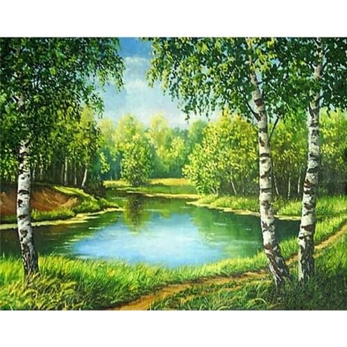 Diamond Painting Natural Scenery Full Square Drill Pictures of Rhinestones Set of Embroidery Kits Birch Lake Needlework Crafts