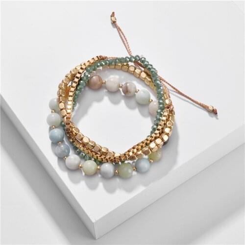 B2318 ZWPON 4 PCS Stack Gold Filled Cube Natural Stone Beads Bracelets Sets Elastic BOHO Glass Beaded Box Chain Bracelets Bangle