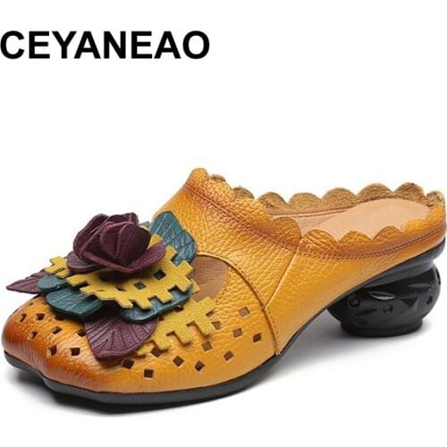 CEYANEAO Women Slippers Ethnic Style Flower Handmade Spike Heel Slippers Genuine Leather Slides Soft Comfortable Shoes Woman