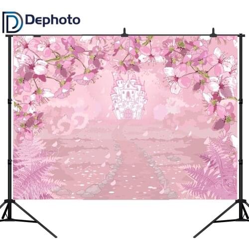 DePhoto Pink Flowers Spring Photography Backdrop Fairy Tale Princess Castle Baby shower Children Birthday Party Photo Background