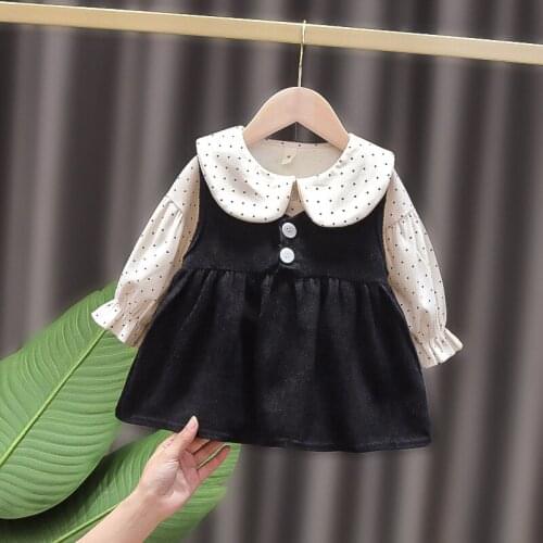 Baby Grils Spring&Autumn Dresses Polka Dot Blouse and Long Sleeve Solid Color Dress 2pcs Outfits for Toddler Girl Princess Derss