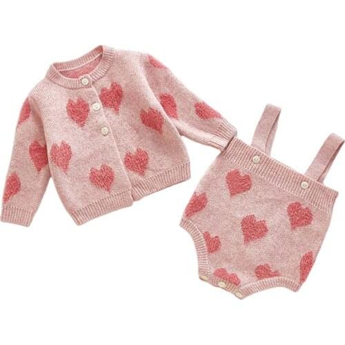 Newborn Baby Girls Clothes Autum Princess Love Coat Infant Girls Long Sleeve Knit Cardigan Tops Kids Toddler Sling Jumpsuit Sets