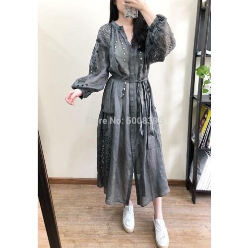 [ElfStyle] - LINEN LONG DRESS V-neck Broderie Anglaise Embroidered Hollow Out detail Front Snap Button Waist Belt Tie