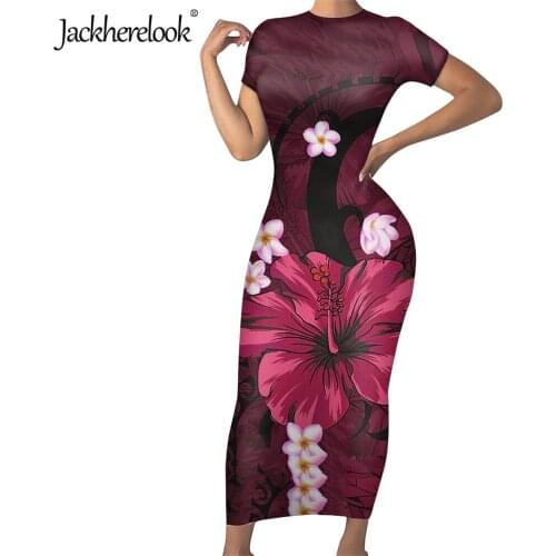Jackherelook New Short Sleeve Party Slim Bodycon Dress Red Hawaii Hibiscus Flower Print Women Midi Pencil Dresses for Teen Girls