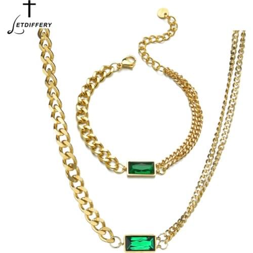 Letdiffery Elegant Green Crystal Women Choker Jewelry Sets Golden Stainless Steel Thick Chain Necklace For Wedding Gifts