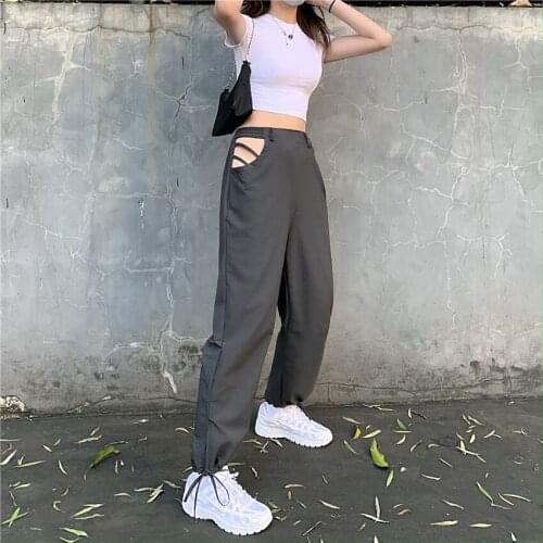 Summer High Waist Women Sexy Safari Style Pant Draw String Cargo Casual Street Trousers Dark Gray Lady Hollow Out Long Pants