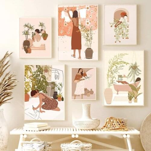 Fashion Girl Monstera Wall Art Canvas Painting Natural Life Illustration Posters and Prints Living Room Home Decoration Cuadros