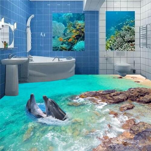 Beibehang Bedroom Bathroom Self-adhesive wallpaper 3D Underwater World Dolphin Rock Bathroom floor wall wallpaper 3d flooring