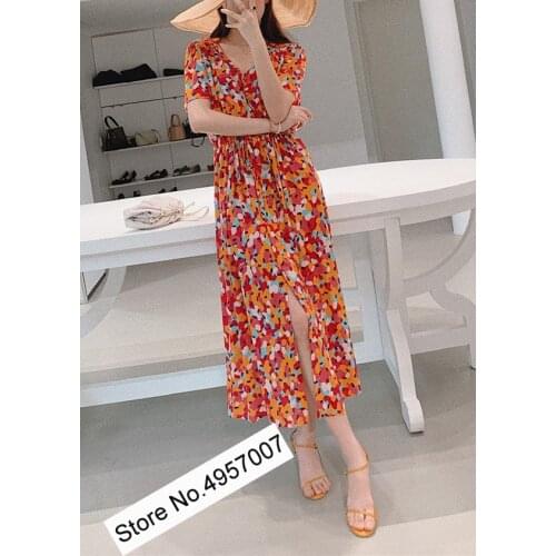 Elfbop Women/Ladies 100% Viscose V Neck Short Sleeve Floral Printing Midi Length Dress With Wasit Ties Detail