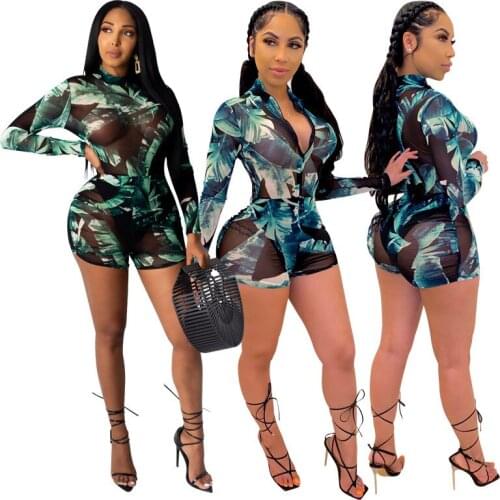 Perspective Casual Print Long-sleeved Jumpsuit Women Baddie Wear Both Front and Back Rompers One Piece Set bodysuit Shorts