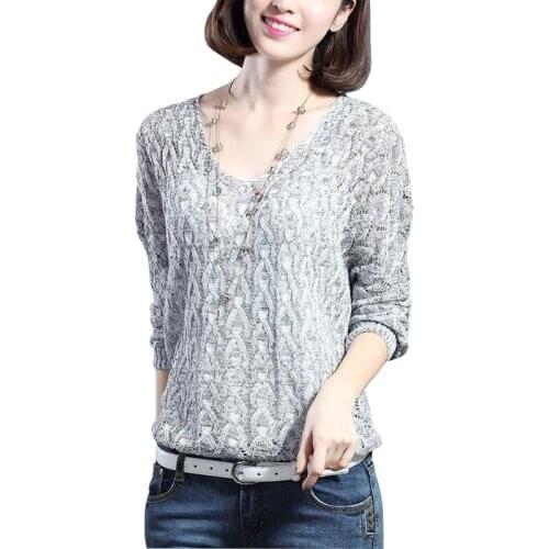 2015 Autumn Pullover New V-neck long-sleeved Sweater Women Hollow Bottoming Female Twist Loose Bat Sleeve Jumper Vestidos LXJ105