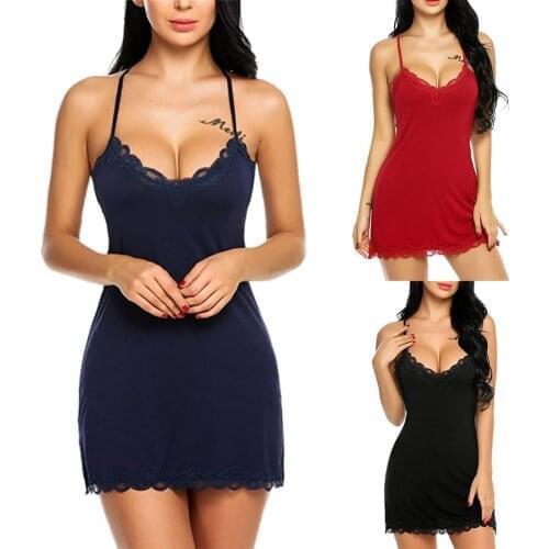 Plus Size Women Back Lace Nightgowns Nightdress Sexy Nightgowns Lingerie Babydoll Sexy Silk Ladies Underwear Dress Nighty#W