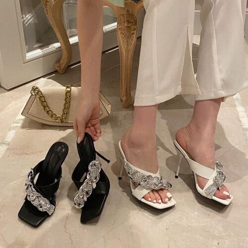 Summer Women High Heels 10CM Slippers Fashion Crystal Chain Female Sandal Shoes Ladies Peep Toe Mules Slides Flip Flops 2021