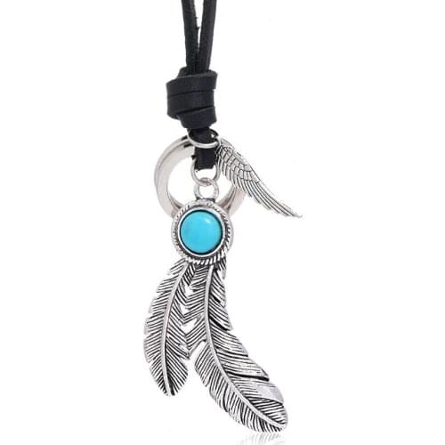 Punk Fashion Feather Wing Black Chain Necklace Vintage Long Genuine Leather Adjustable Alloy Pendant Unisex Retro Ethnic Jewelry
