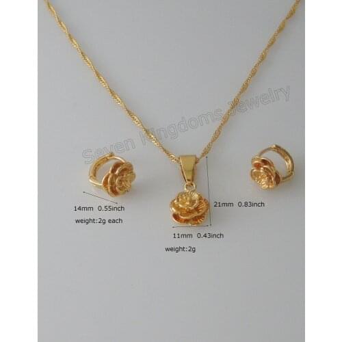 YELLOW GOLD GP 18INCH NECKLACE CUTE ROSE FLOWER ROUND SHAPE DIAMETER 11MM 0.43" PENDANT HOOP EARRING SET