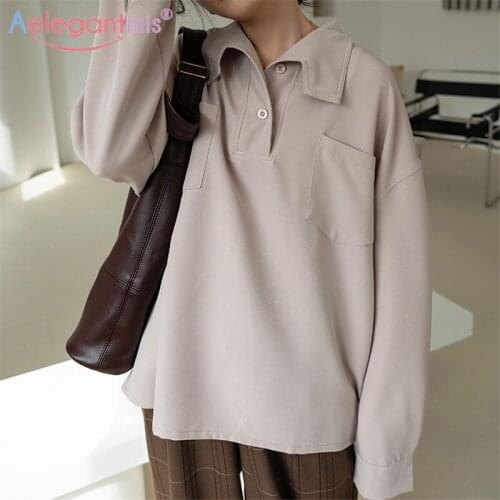 Aelegantmis Casual Long Sleeve Korean Blouse Shirt Women Vintage Loose Shirts Female Fashion Oversized Soft Tops Spring New 2021