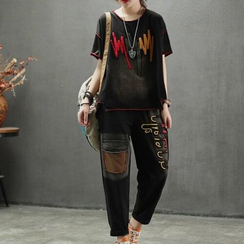 Women Tracksuit Vintage Embroidery Jean Suit Female Cotton Pastel Punk Suit 2 Pieces Top Harem Pant Set 2020 spring AA158S30